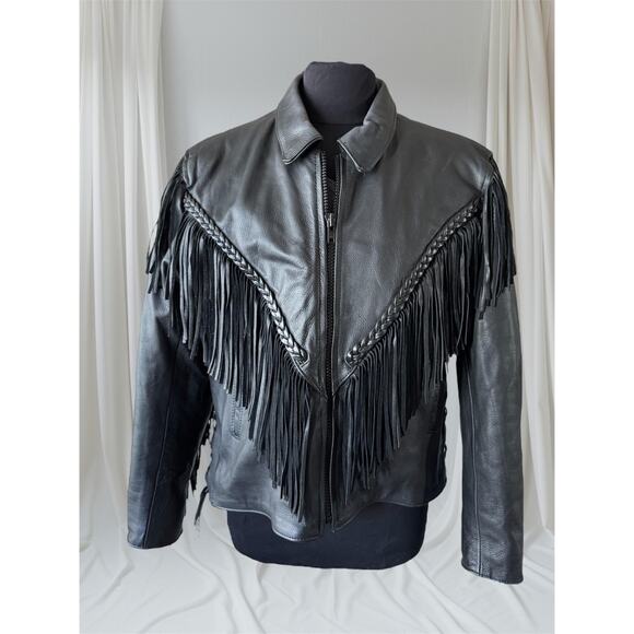 the leather lady Jackets & Blazers - Black Leather Women's Fringe Mororcycle Jacket, Size XL